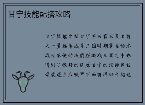 甘宁技能配搭攻略