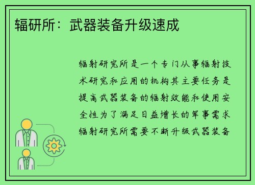 辐研所：武器装备升级速成
